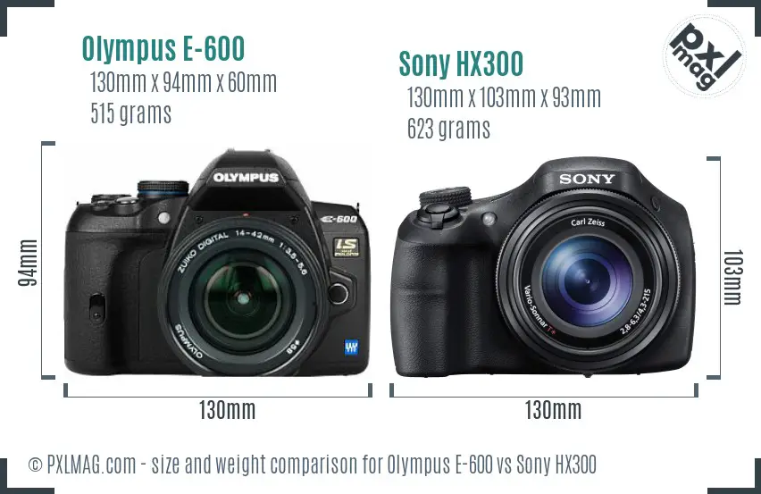 Olympus E-600 vs Sony HX300 size comparison
