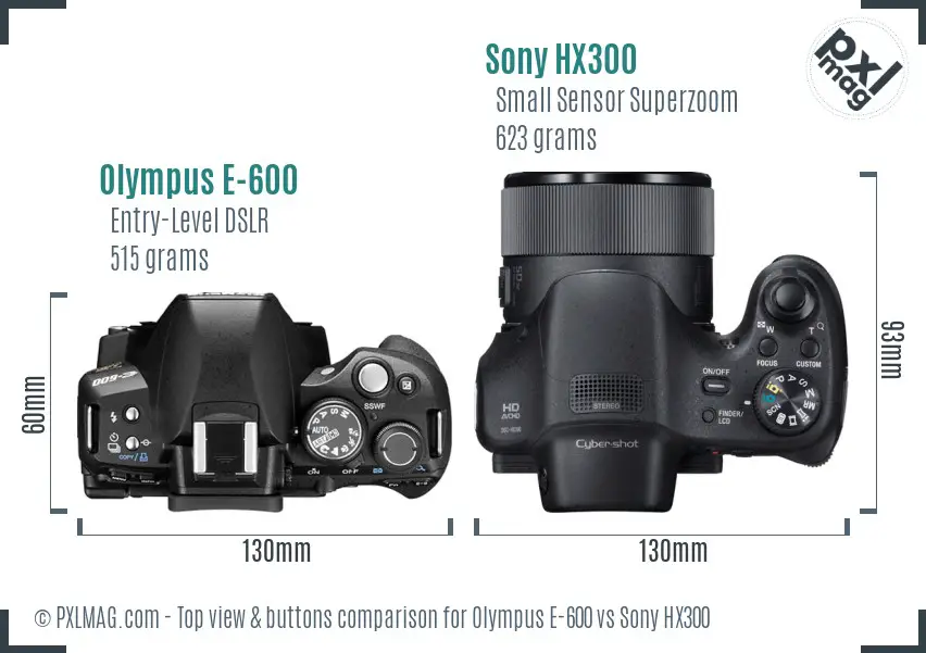 Olympus E-600 vs Sony HX300 top view buttons comparison