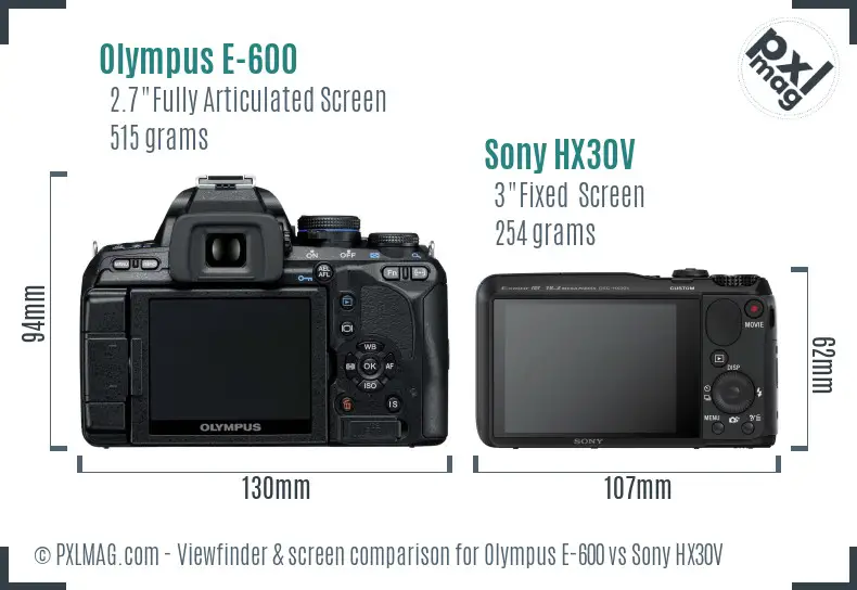 Olympus E-600 vs Sony HX30V Screen and Viewfinder comparison