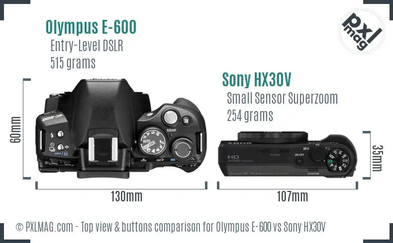 Olympus E-600 vs Sony HX30V top view buttons comparison