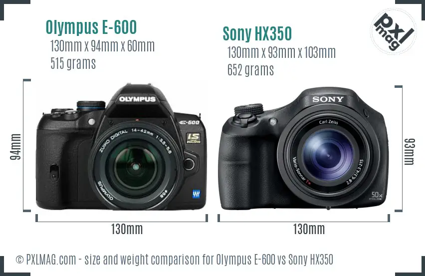 Olympus E-600 vs Sony HX350 size comparison