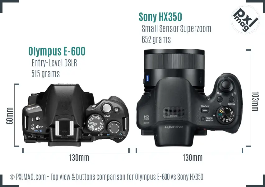 Olympus E-600 vs Sony HX350 top view buttons comparison