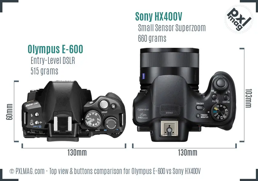 Olympus E-600 vs Sony HX400V top view buttons comparison