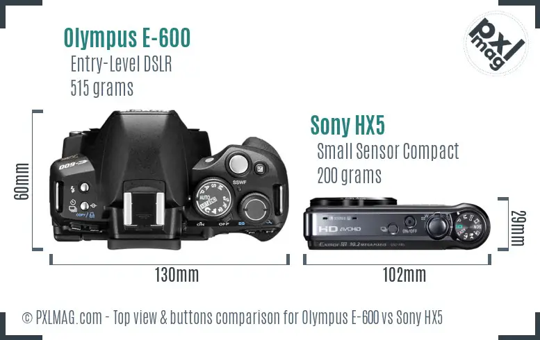 Olympus E-600 vs Sony HX5 top view buttons comparison
