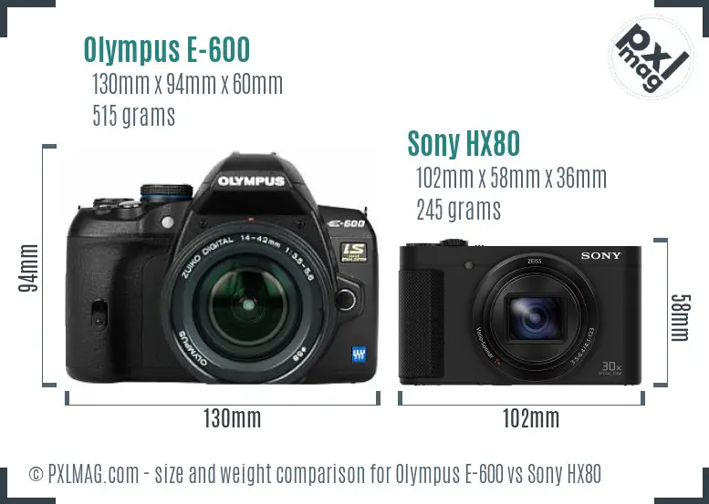 Olympus E-600 vs Sony HX80 size comparison