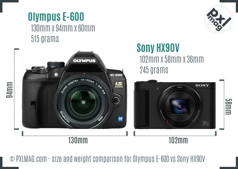 Olympus E-600 vs Sony HX90V size comparison