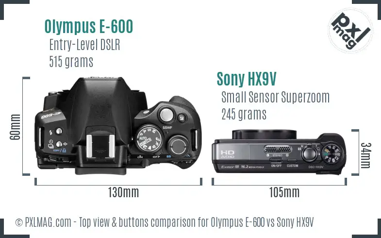 Olympus E-600 vs Sony HX9V top view buttons comparison