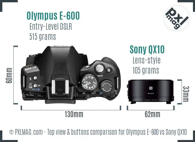 Olympus E-600 vs Sony QX10 top view buttons comparison
