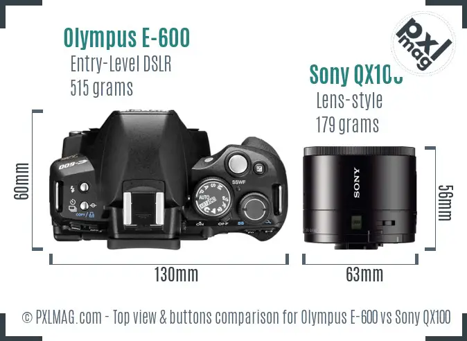 Olympus E-600 vs Sony QX100 top view buttons comparison