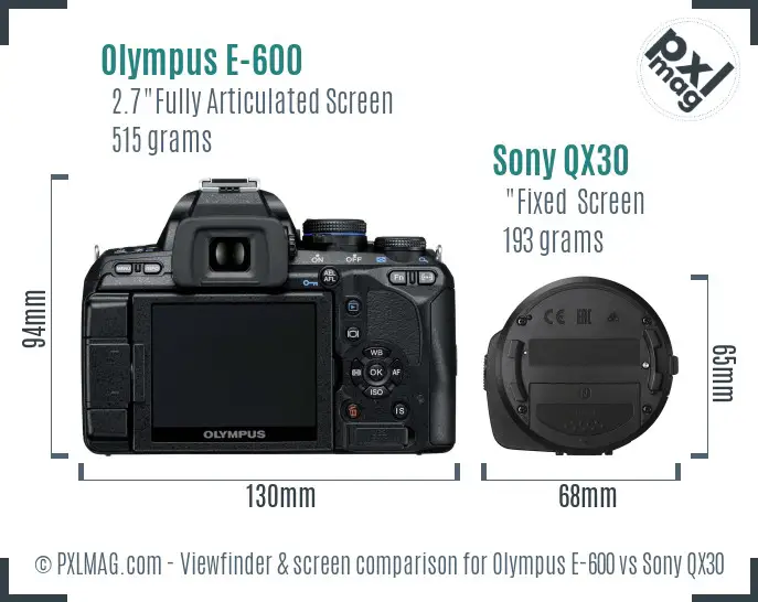Olympus E-600 vs Sony QX30 Screen and Viewfinder comparison