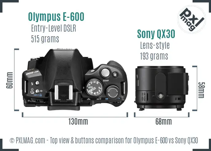 Olympus E-600 vs Sony QX30 top view buttons comparison