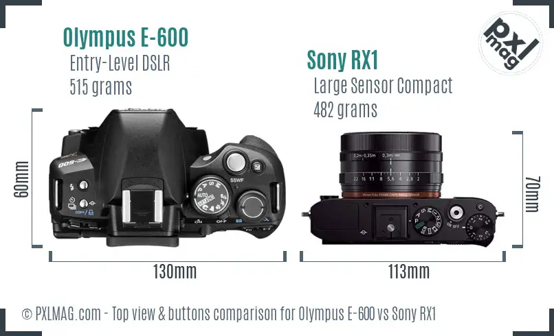 Olympus E-600 vs Sony RX1 top view buttons comparison