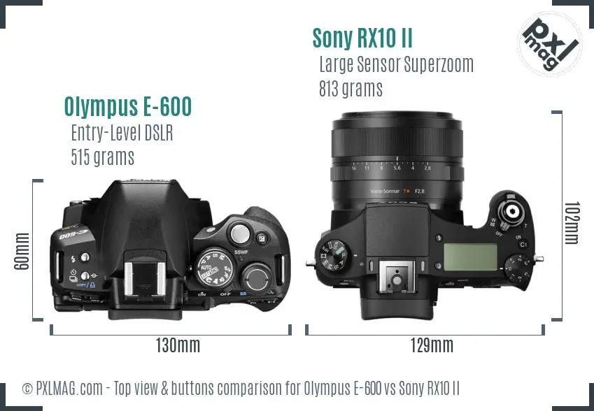 Olympus E-600 vs Sony RX10 II top view buttons comparison