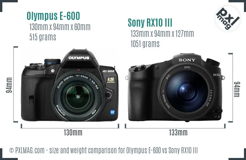 Olympus E-600 vs Sony RX10 III size comparison