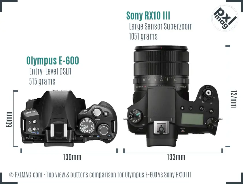 Olympus E-600 vs Sony RX10 III top view buttons comparison