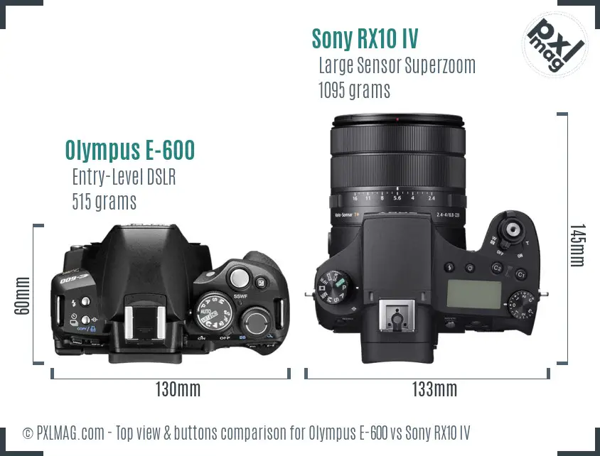 Olympus E-600 vs Sony RX10 IV top view buttons comparison