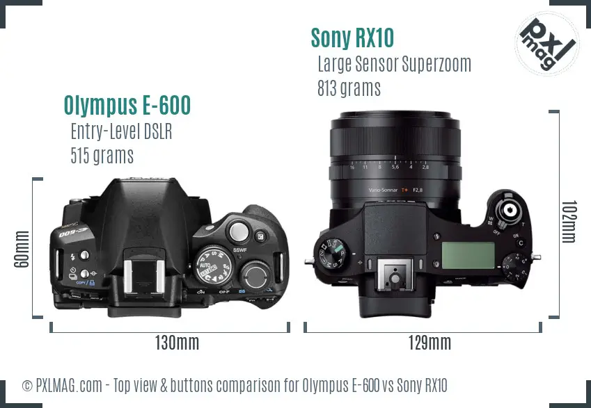 Olympus E-600 vs Sony RX10 top view buttons comparison