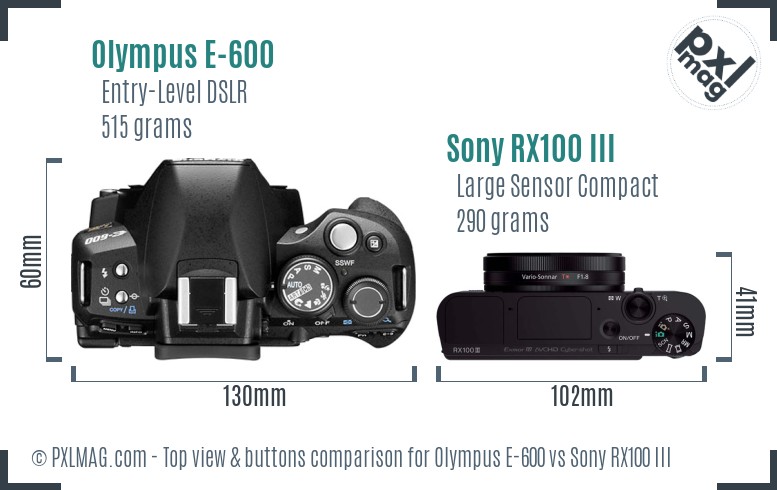 Olympus E-600 vs Sony RX100 III top view buttons comparison
