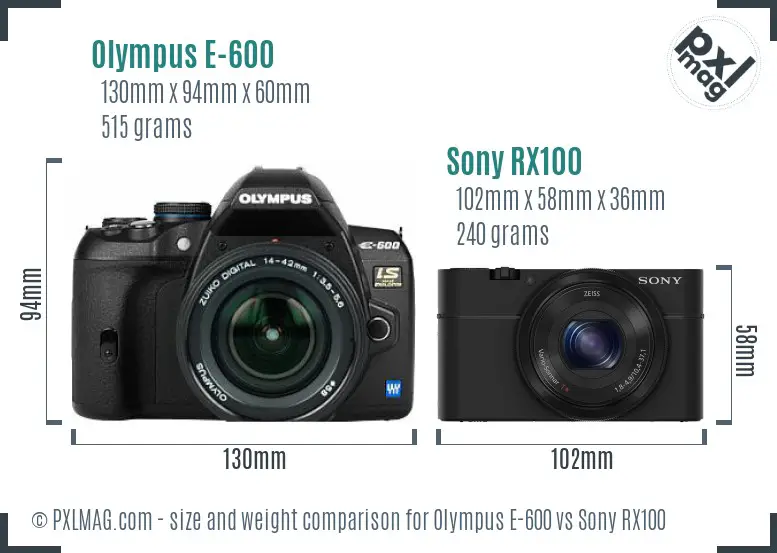 Olympus E-600 vs Sony RX100 size comparison