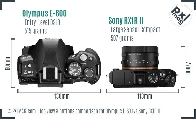Olympus E-600 vs Sony RX1R II top view buttons comparison