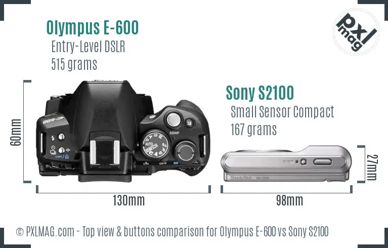 Olympus E-600 vs Sony S2100 top view buttons comparison