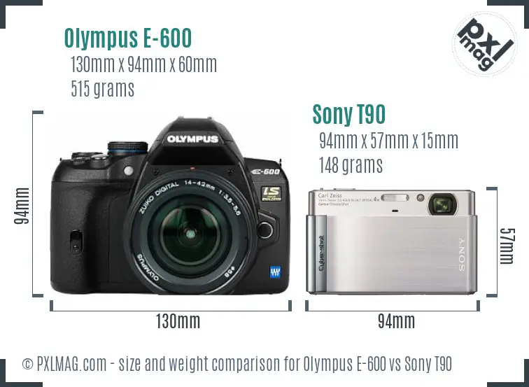 Olympus E-600 vs Sony T90 size comparison