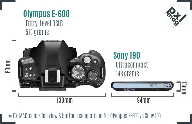 Olympus E-600 vs Sony T90 top view buttons comparison