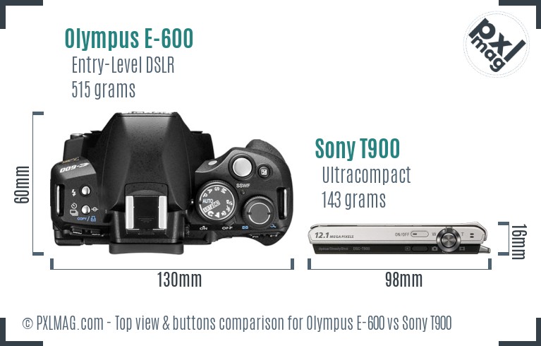 Olympus E-600 vs Sony T900 top view buttons comparison