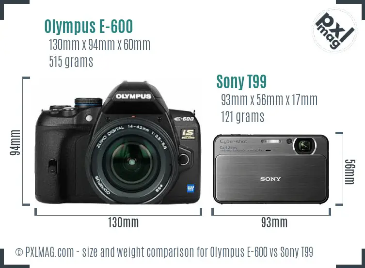 Olympus E-600 vs Sony T99 size comparison