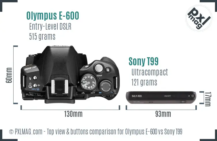 Olympus E-600 vs Sony T99 top view buttons comparison