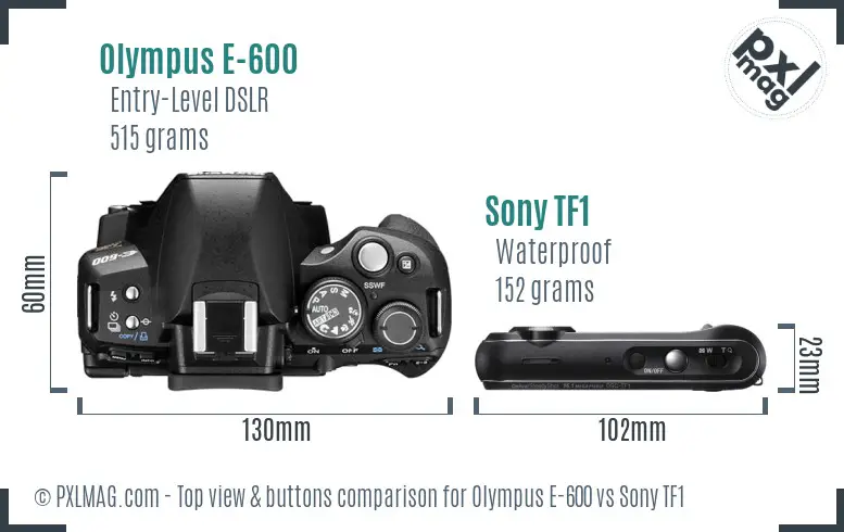 Olympus E-600 vs Sony TF1 top view buttons comparison Olympus E-600 vs Sony TF1 top view buttons comparison