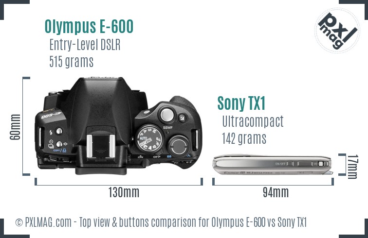 Olympus E-600 vs Sony TX1 top view buttons comparison
