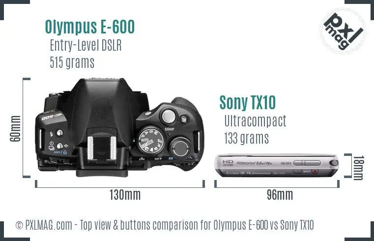 Olympus E-600 vs Sony TX10 top view buttons comparison