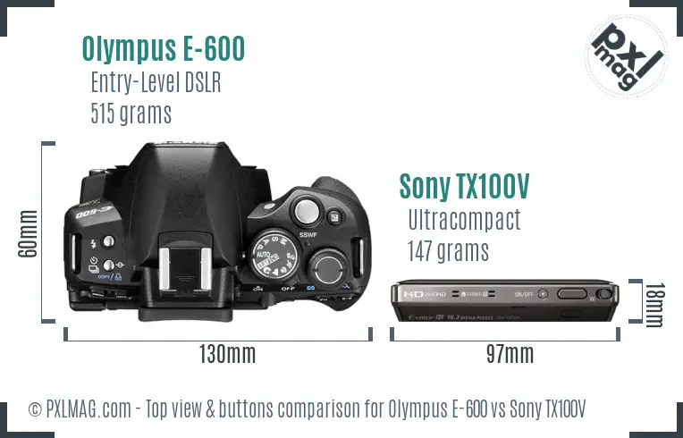 Olympus E-600 vs Sony TX100V top view buttons comparison
