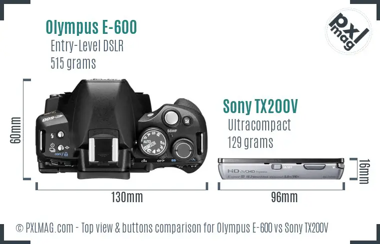 Olympus E-600 vs Sony TX200V top view buttons comparison