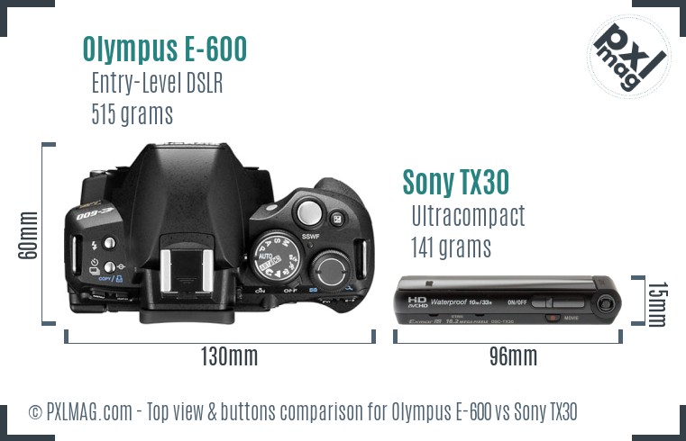Olympus E-600 vs Sony TX30 top view buttons comparison