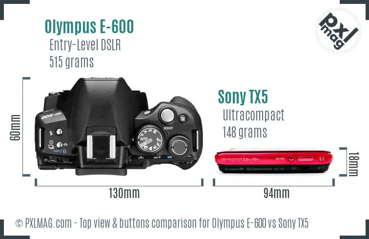 Olympus E-600 vs Sony TX5 top view buttons comparison