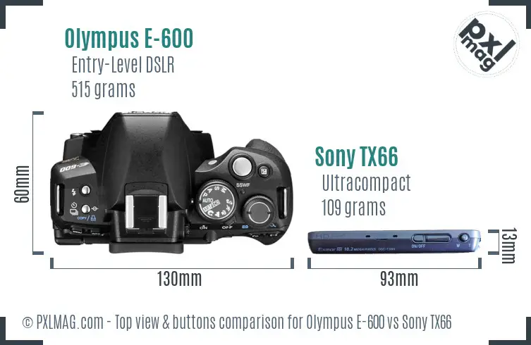 Olympus E-600 vs Sony TX66 top view buttons comparison