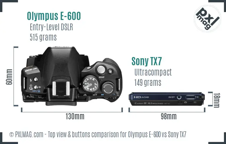Olympus E-600 vs Sony TX7 top view buttons comparison Olympus E-600 vs Sony TX7 top view buttons comparison