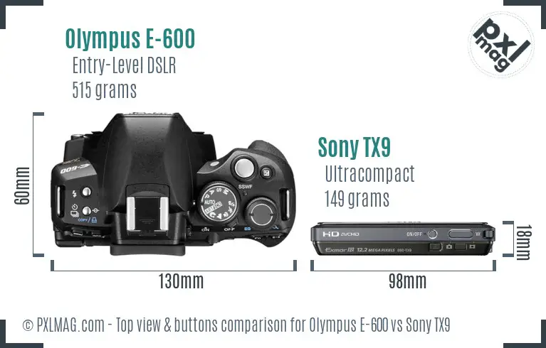 Olympus E-600 vs Sony TX9 top view buttons comparison