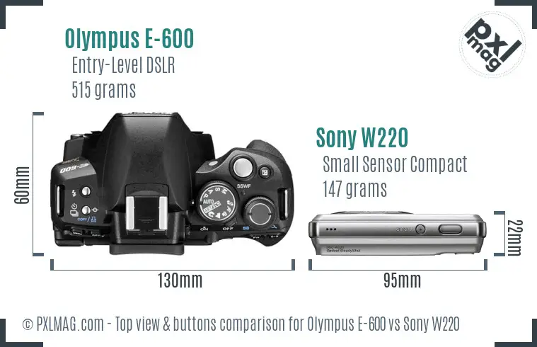 Olympus E-600 vs Sony W220 top view buttons comparison