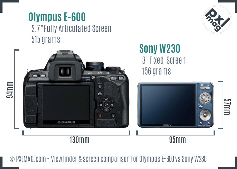 Olympus E-600 vs Sony W230 Screen and Viewfinder comparison