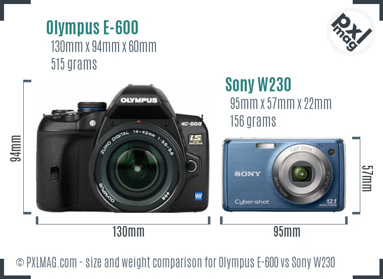 Olympus E-600 vs Sony W230 size comparison