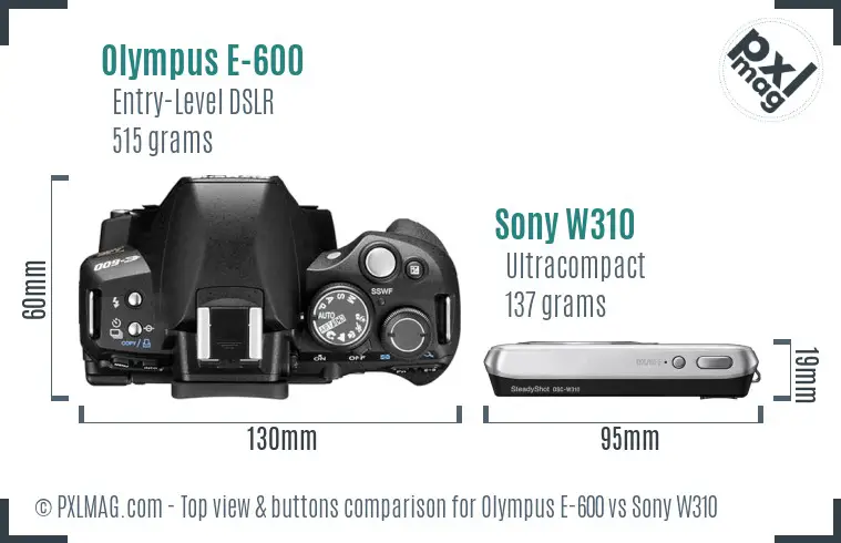 Olympus E-600 vs Sony W310 top view buttons comparison Olympus E-600 vs Sony W310 top view buttons comparison