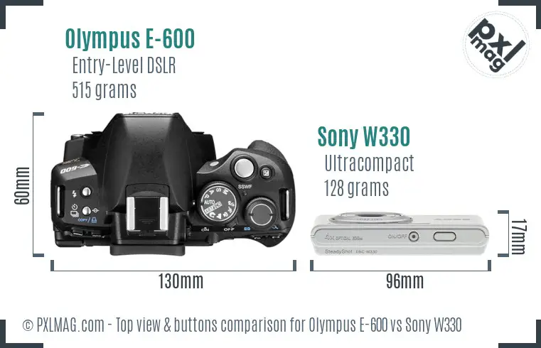 Olympus E-600 vs Sony W330 top view buttons comparison