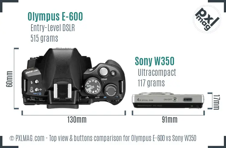 Olympus E-600 vs Sony W350 top view buttons comparison