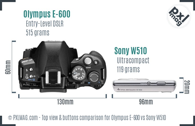 Olympus E-600 vs Sony W510 top view buttons comparison