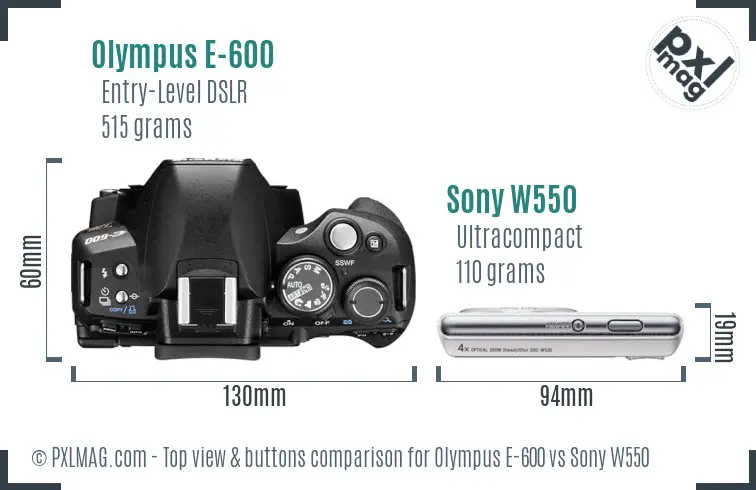 Olympus E-600 vs Sony W550 top view buttons comparison
