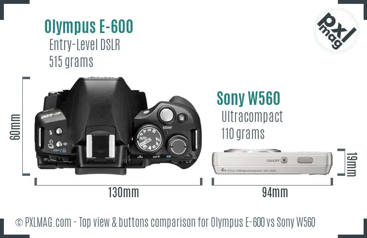 Olympus E-600 vs Sony W560 top view buttons comparison