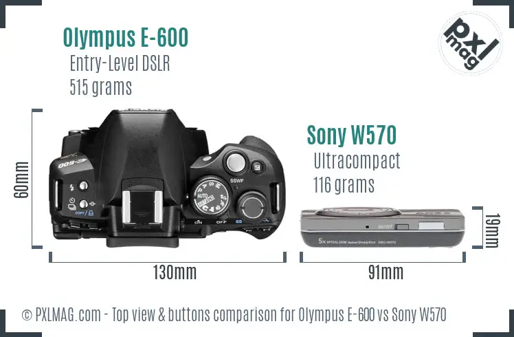 Olympus E-600 vs Sony W570 top view buttons comparison